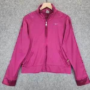 Nike Jacket Womens L Pink Full Zip Satin Trim Swoosh Logo Track Jacket Y2K